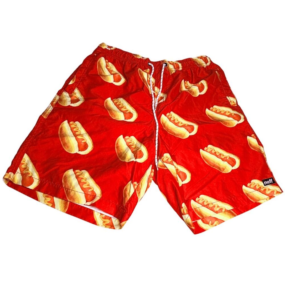 Neff Men's Hotdog Print Drawstring Swim Trunks Red Yellow‎ Size Medium